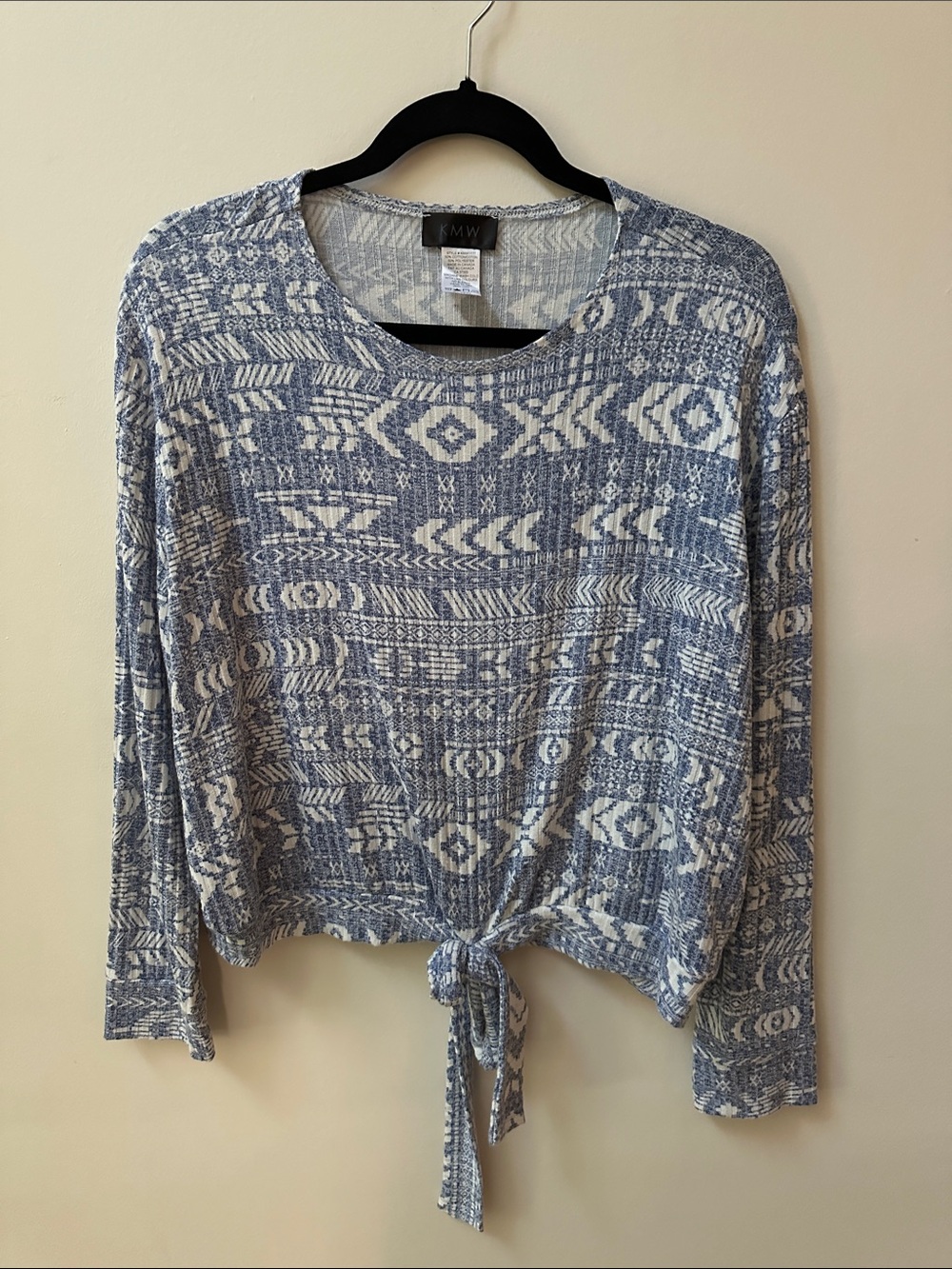 2/$20 Blue & White Aztec Tie-Hem Long Sleeve Tee